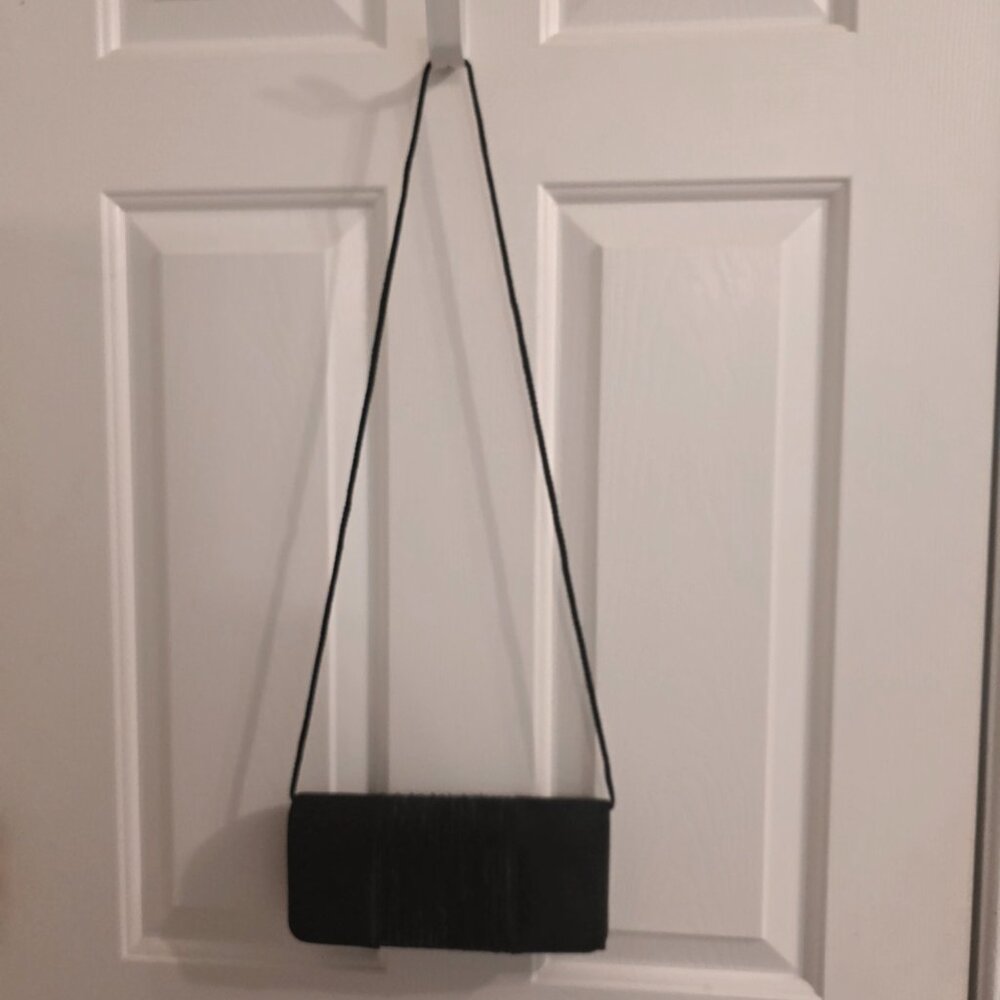 Black Satin Beaded Clutch Evening Bag Crossbody Formal - Picture 8 of 12